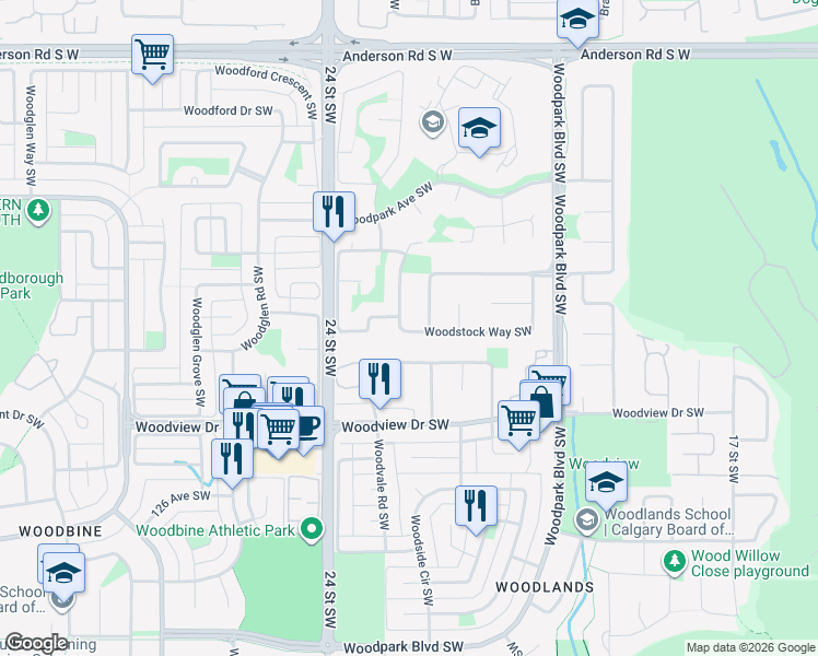 map of restaurants, bars, coffee shops, grocery stores, and more near 171 Woodstock Way Southwest in Calgary