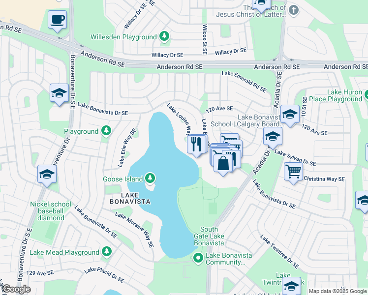map of restaurants, bars, coffee shops, grocery stores, and more near 12223 Lake Louise Way Southeast in Calgary