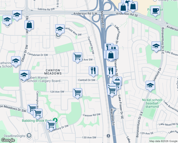 map of restaurants, bars, coffee shops, grocery stores, and more near 724 Canfield Place Southwest in Calgary