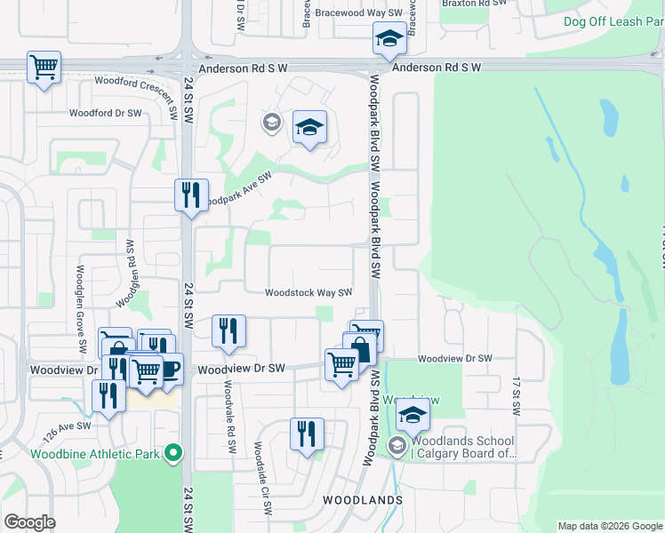map of restaurants, bars, coffee shops, grocery stores, and more near 119 Woodstock Place Southwest in Calgary