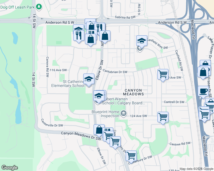 map of restaurants, bars, coffee shops, grocery stores, and more near 1024 Cannock Road Southwest in Calgary