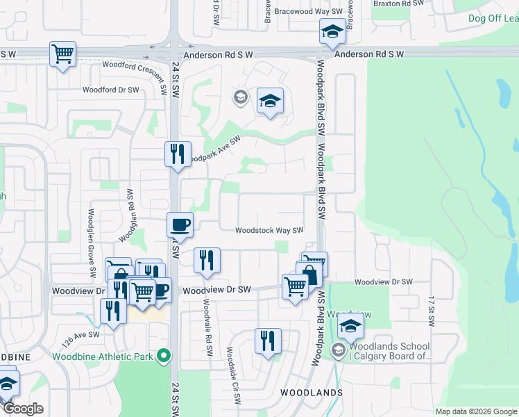 map of restaurants, bars, coffee shops, grocery stores, and more near 228 Woodstock Place Southwest in Calgary