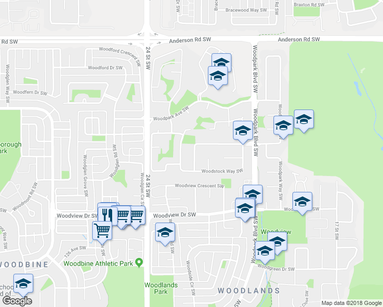 map of restaurants, bars, coffee shops, grocery stores, and more near 120 Woodstock Road Southwest in Calgary
