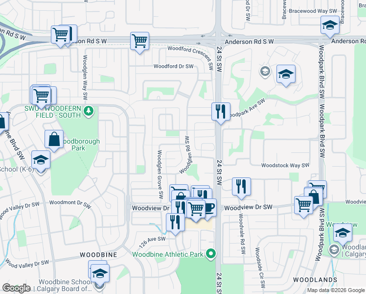map of restaurants, bars, coffee shops, grocery stores, and more near 75 Woodglen Road Southwest in Calgary