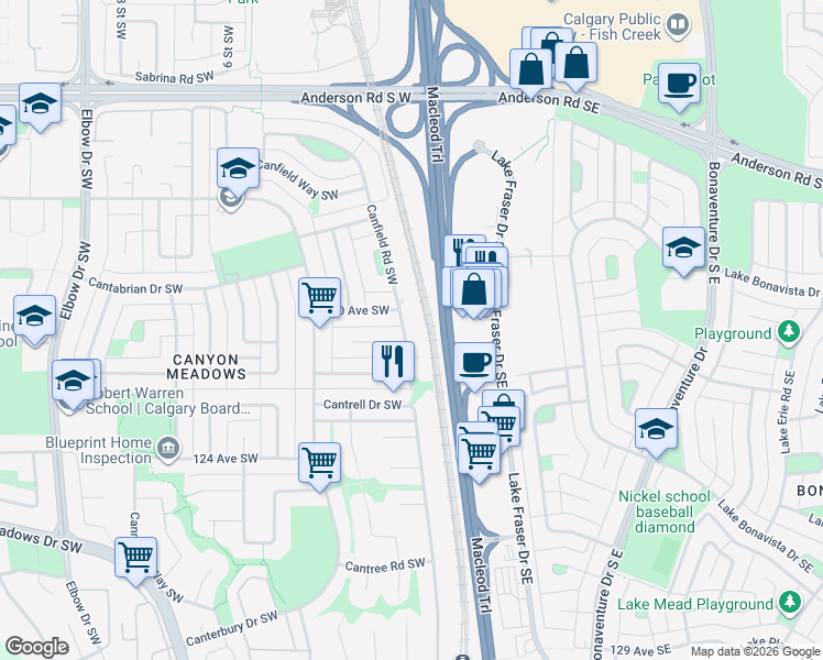 map of restaurants, bars, coffee shops, grocery stores, and more near 12120 Canfield Road Southwest in Calgary