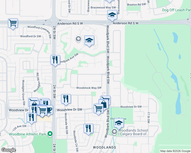 map of restaurants, bars, coffee shops, grocery stores, and more near 119 Woodstock Place Southwest in Calgary