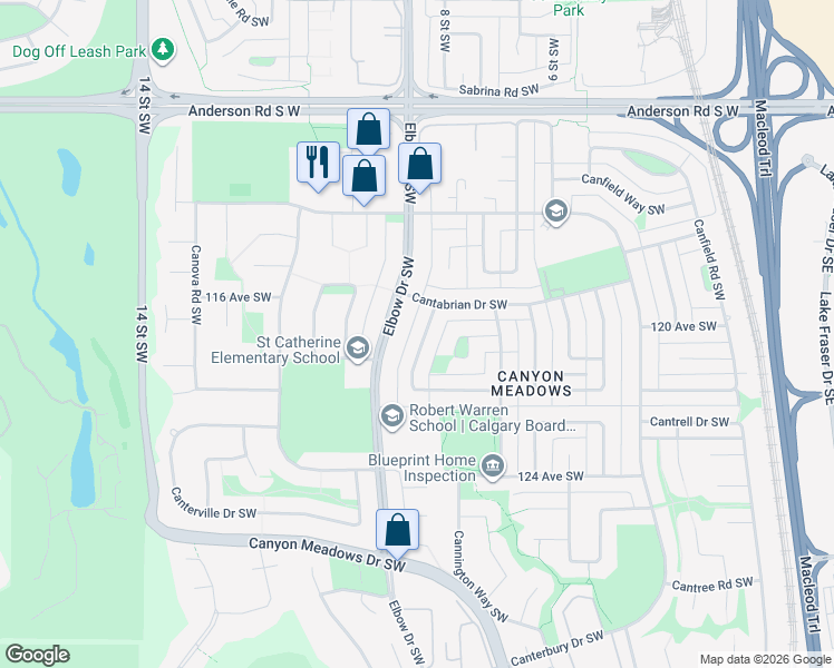 map of restaurants, bars, coffee shops, grocery stores, and more near 1024 Cannock Road Southwest in Calgary