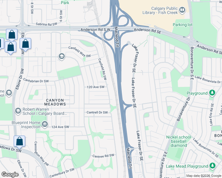 map of restaurants, bars, coffee shops, grocery stores, and more near 12120 Canfield Road Southwest in Calgary