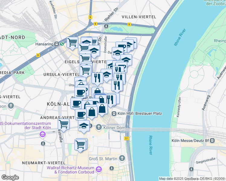 map of restaurants, bars, coffee shops, grocery stores, and more near 21 Brandenburger Straße in Köln