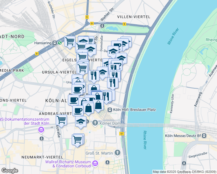 map of restaurants, bars, coffee shops, grocery stores, and more near 21 Brandenburger Straße in Köln