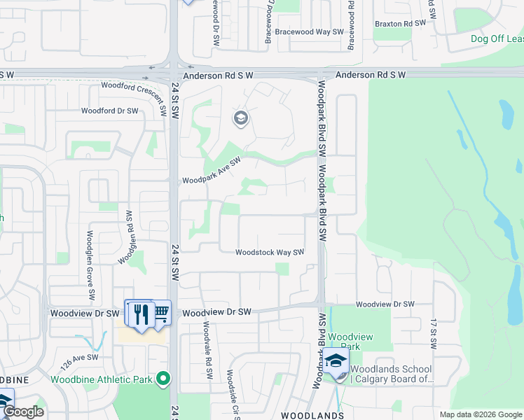 map of restaurants, bars, coffee shops, grocery stores, and more near 228 Woodstock Place Southwest in Calgary