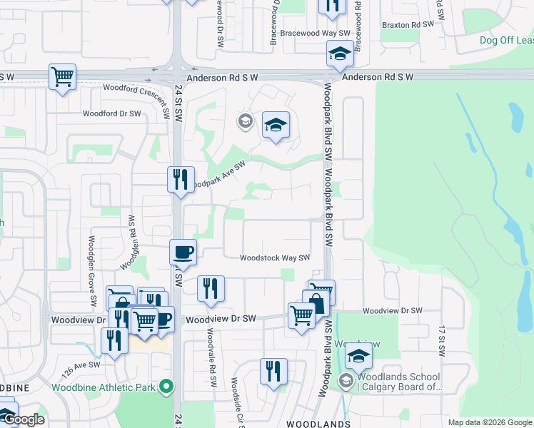 map of restaurants, bars, coffee shops, grocery stores, and more near 228 Woodstock Place Southwest in Calgary