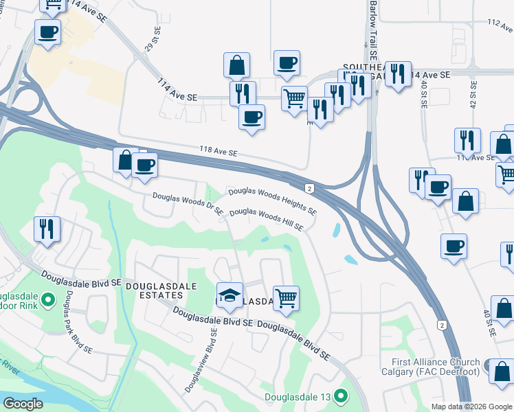 map of restaurants, bars, coffee shops, grocery stores, and more near 51 Douglas Woods Hill Southeast in Calgary