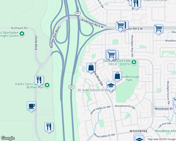 map of restaurants, bars, coffee shops, grocery stores, and more near 315 Woodbrook Mews Southwest in Calgary