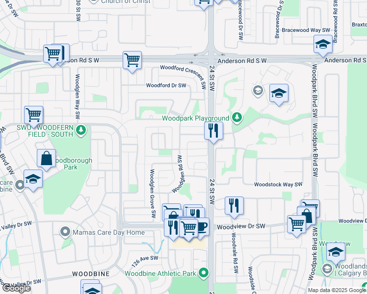 map of restaurants, bars, coffee shops, grocery stores, and more near 11 Woodglen Rise Southwest in Calgary
