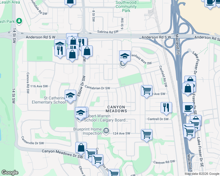 map of restaurants, bars, coffee shops, grocery stores, and more near Cantabrian Drive Southwest in Calgary