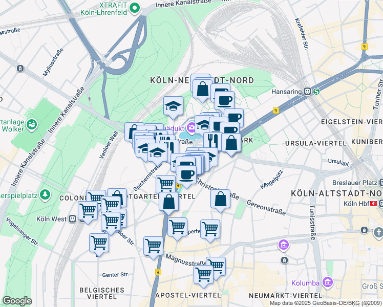 map of restaurants, bars, coffee shops, grocery stores, and more near 15-17 Erftstraße in Köln