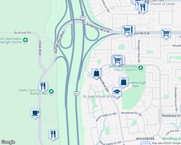 map of restaurants, bars, coffee shops, grocery stores, and more near 315 Woodbrook Mews Southwest in Calgary