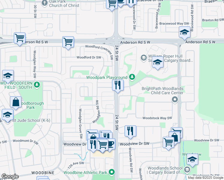 map of restaurants, bars, coffee shops, grocery stores, and more near 43 Woodglen Rise Southwest in Calgary