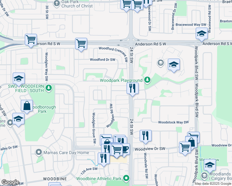 map of restaurants, bars, coffee shops, grocery stores, and more near 11 Woodglen Rise Southwest in Calgary