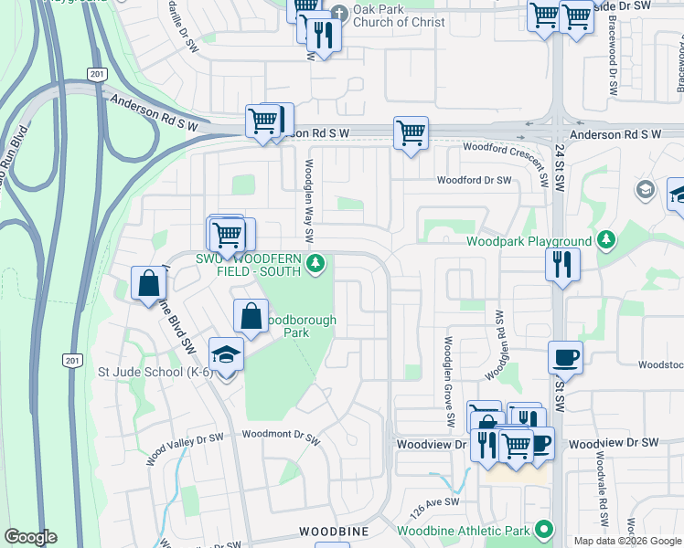 map of restaurants, bars, coffee shops, grocery stores, and more near 84 Woodfern Way Southwest in Calgary