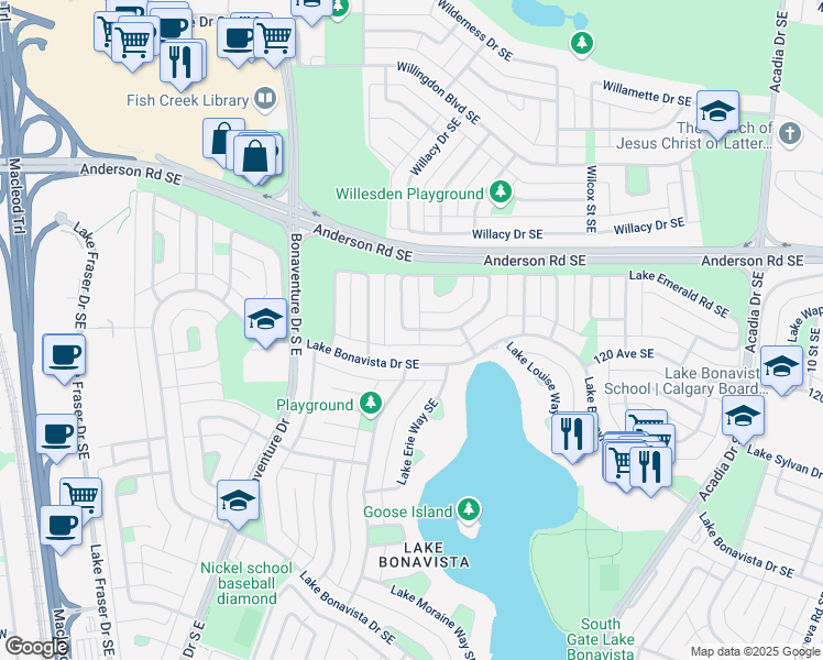 map of restaurants, bars, coffee shops, grocery stores, and more near 116 Lake Linnet Close SE in Calgary