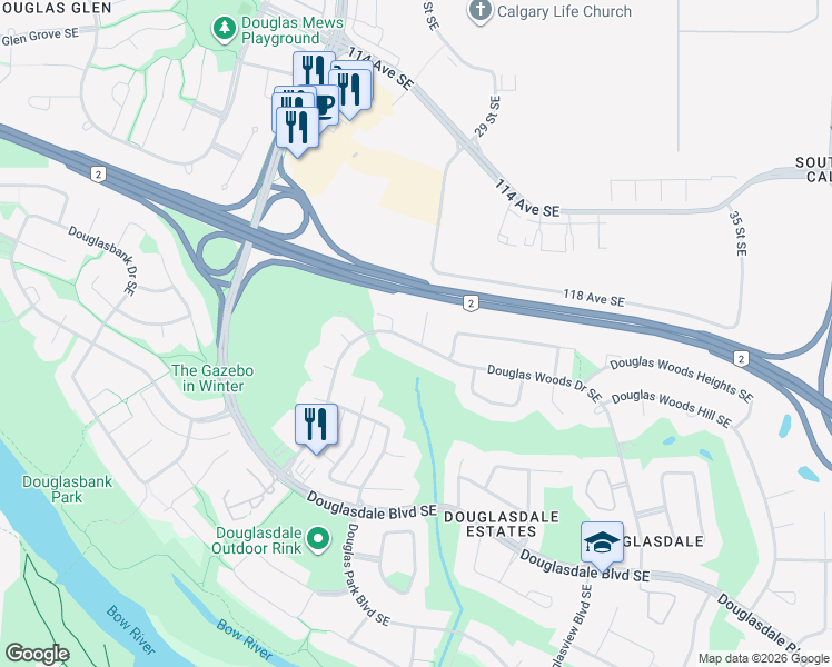 map of restaurants, bars, coffee shops, grocery stores, and more near 606 Douglas Woods Place Southeast in Calgary
