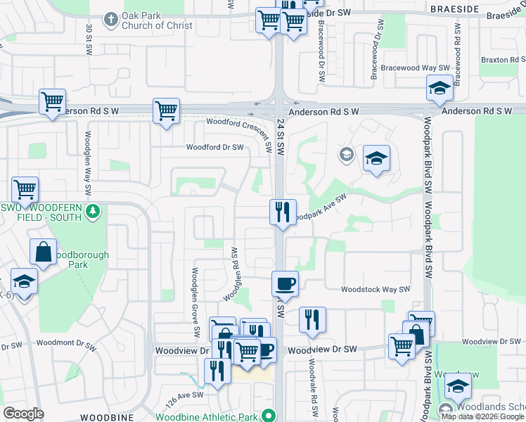 map of restaurants, bars, coffee shops, grocery stores, and more near 43 Woodglen Rise Southwest in Calgary