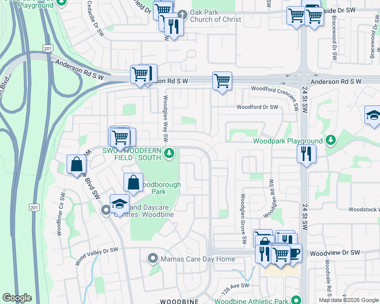 map of restaurants, bars, coffee shops, grocery stores, and more near 332 Woodbine Boulevard Southwest in Calgary
