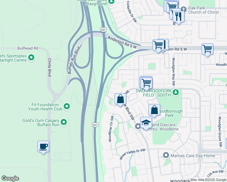 map of restaurants, bars, coffee shops, grocery stores, and more near 212 Woodbrook Mews Southwest in Calgary