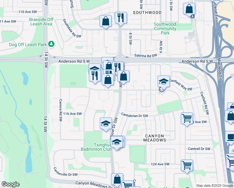 map of restaurants, bars, coffee shops, grocery stores, and more near 11807 Elbow Drive Southwest in Calgary