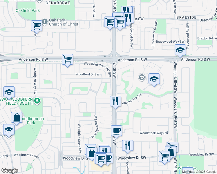 map of restaurants, bars, coffee shops, grocery stores, and more near 11 Woodford Court Southwest in Calgary