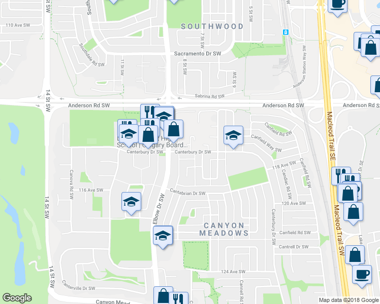 map of restaurants, bars, coffee shops, grocery stores, and more near 323 Canterbury Drive Southwest in Calgary