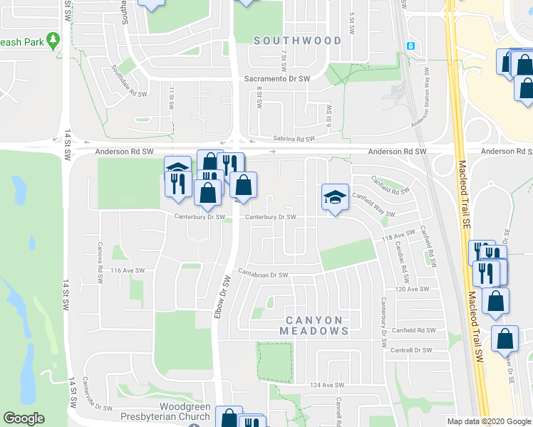 map of restaurants, bars, coffee shops, grocery stores, and more near 323 Canterbury Drive Southwest in Calgary