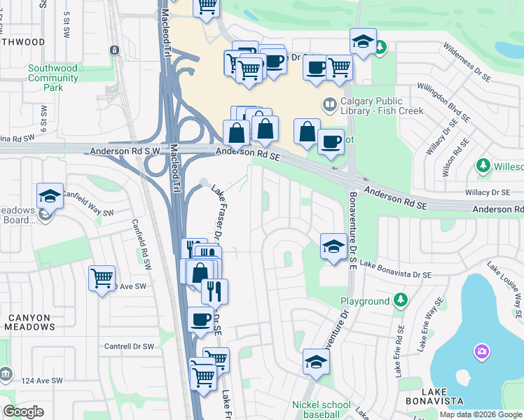map of restaurants, bars, coffee shops, grocery stores, and more near Lake Newell Crescent Southeast in Calgary