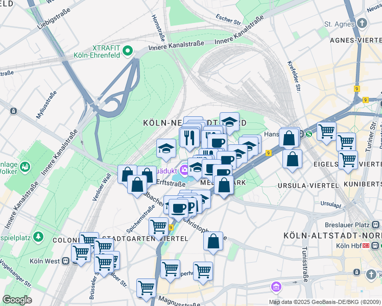 map of restaurants, bars, coffee shops, grocery stores, and more near 8B Im Mediapark in Cologne
