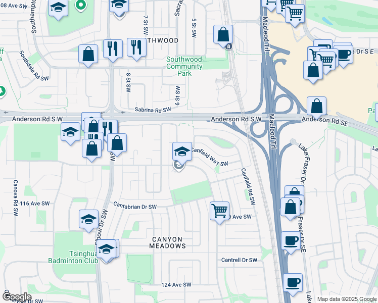 map of restaurants, bars, coffee shops, grocery stores, and more near 828 Canfield Way Southwest in Calgary