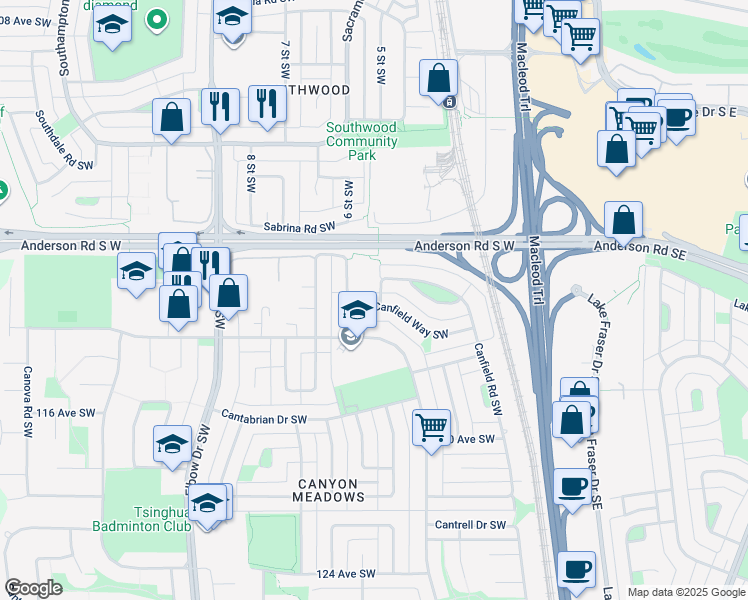 map of restaurants, bars, coffee shops, grocery stores, and more near 828 Canfield Way Southwest in Calgary