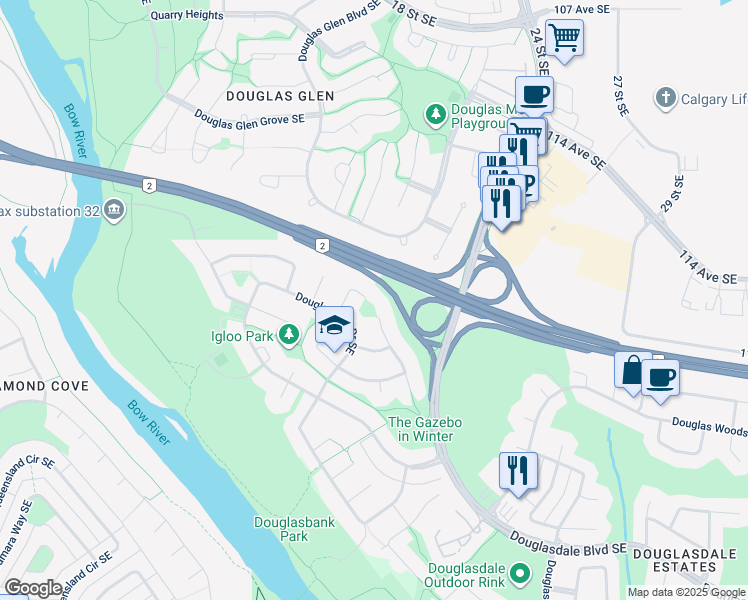 map of restaurants, bars, coffee shops, grocery stores, and more near 254 Douglasbank Green Southeast in Calgary