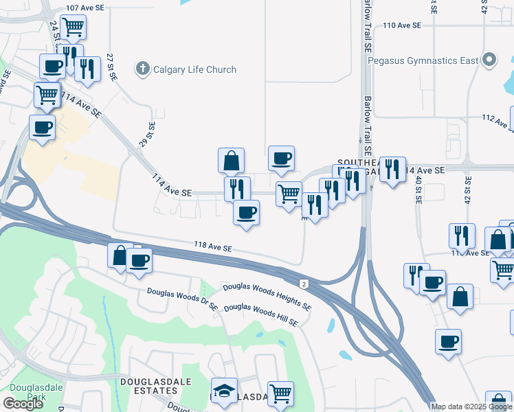map of restaurants, bars, coffee shops, grocery stores, and more near 3445 114 Avenue Southeast in Calgary