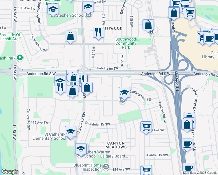 map of restaurants, bars, coffee shops, grocery stores, and more near 330 Canterbury Drive Southwest in Calgary