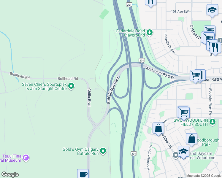 map of restaurants, bars, coffee shops, grocery stores, and more near Chula Boulevard in Priddis