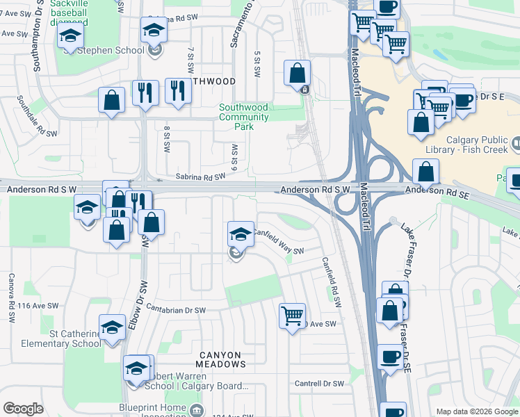 map of restaurants, bars, coffee shops, grocery stores, and more near 11720 Canfield Road Southwest in Calgary
