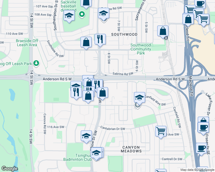 map of restaurants, bars, coffee shops, grocery stores, and more near 11620 Elbow Drive Southwest in Calgary