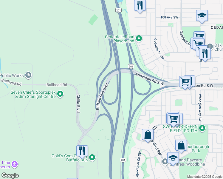 map of restaurants, bars, coffee shops, grocery stores, and more near 11 Bullhead Road in Priddis