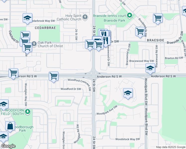 map of restaurants, bars, coffee shops, grocery stores, and more near Anderson Rd SW & 24 St SW in Calgary