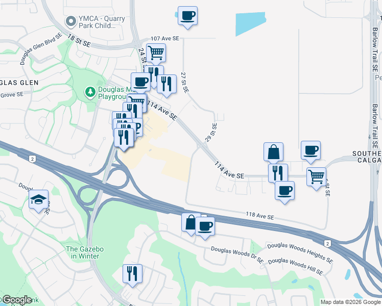 map of restaurants, bars, coffee shops, grocery stores, and more near 11519 29 Street Southeast in Calgary