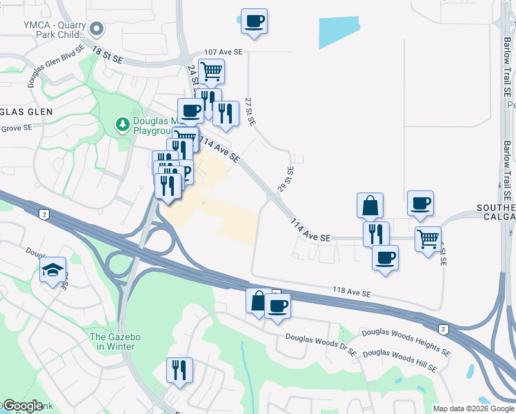 map of restaurants, bars, coffee shops, grocery stores, and more near 11519 29 Street Southeast in Calgary