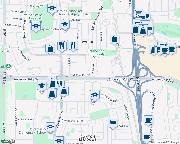map of restaurants, bars, coffee shops, grocery stores, and more near 424 Sabrina Road Southwest in Calgary