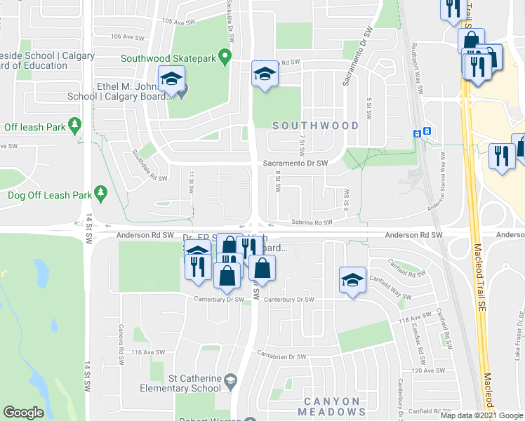map of restaurants, bars, coffee shops, grocery stores, and more near 11424 A Elbow Drive Southwest in Calgary
